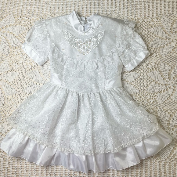 Vintage 1990s Fashionland Originals Girls 7 White Satin Lace Fancy Party Dress - Picture 1 of 6